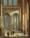 A church interior with figures dressed in seventeenth-century costume