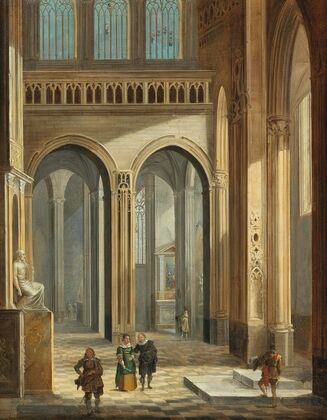 A church interior with figures dressed in seventeenth-century costume