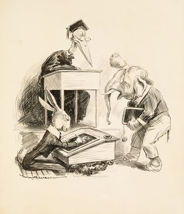 A classroom. The teacher, a stork, is angry at one of his students, an elephant (1908) — size preview