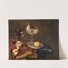 A clementine in a porcelain bowl, a nautilus cup, a roemer, two glasses, a knife, a peeled lemon on an ornamental carpet on a table by Willem Claesz Heda