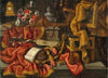 A clock, a vase of flowers, a lute, a guitar, a sheet of music, a chair, and drapes