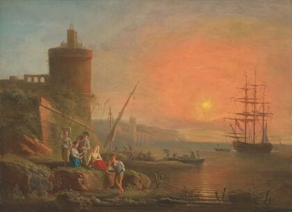 A coastal landscape at sunset with fisherfolk by the shore