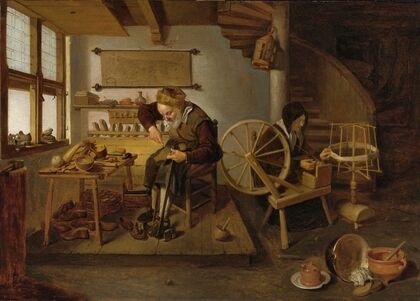 A Cobbler At Work, His Wife Spinning Wool