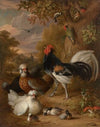 A cockerel, chickens, a woodpecker and other birds in a landscape
