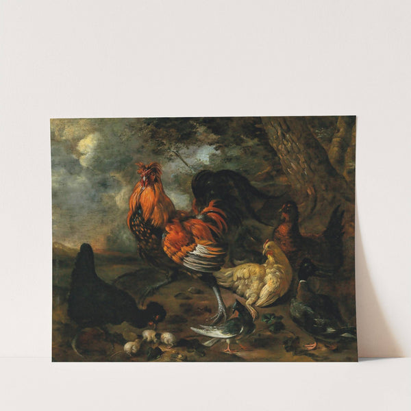 A cockerel, fowl and poultry in a landscape by Jacobus Victors