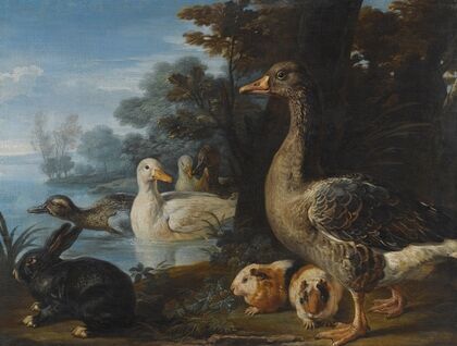 A Cockerel, Hens, Doves And A Parrot In A formal Garden Setting