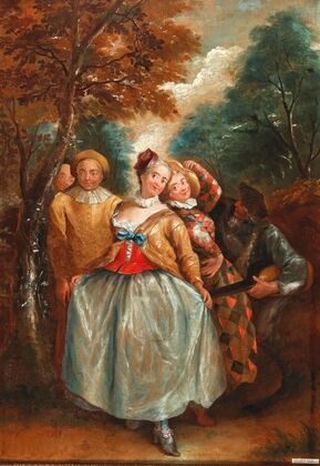 A Commedia Dell’Arte Scene With Columbina, Harlequin And Pierrot