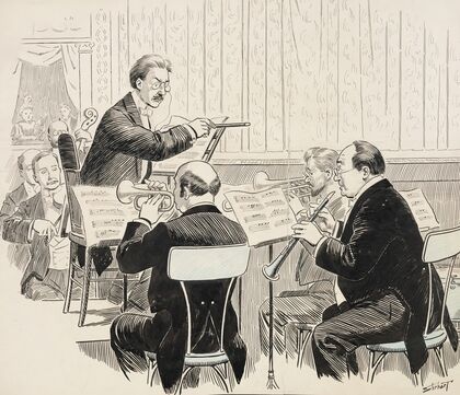 A conductor gives a harsh look to a horn player during a performance. (1910)