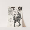 A confused man in a suit stands among the stumps of several trees, counting on his fingers by Frank Arthur Nankivell