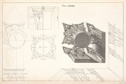 A Corinthian capital horizontally contracted in perspective.