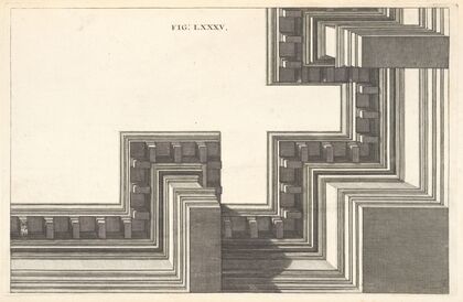 A Corinthian cornice in horizontal perspective.