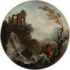 A couple fishing at the base of a waterfall, with ruins above