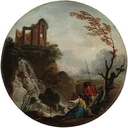 A couple fishing at the base of a waterfall, with ruins above