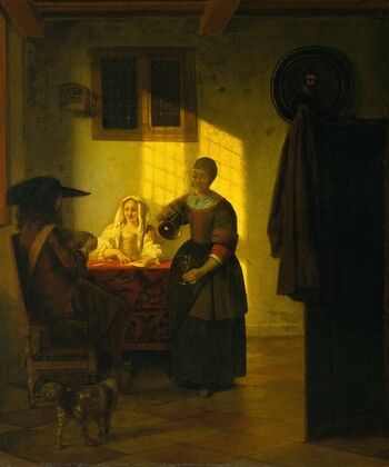 A Couple Playing Cards, with a Serving Woman
