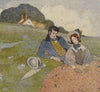A couple seated in a rural landscape