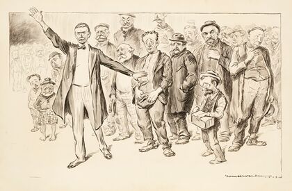 A crowd of men, some angry and some sad, dressed in once-fine clothes that are not ragged and in broken shoes (1909)
