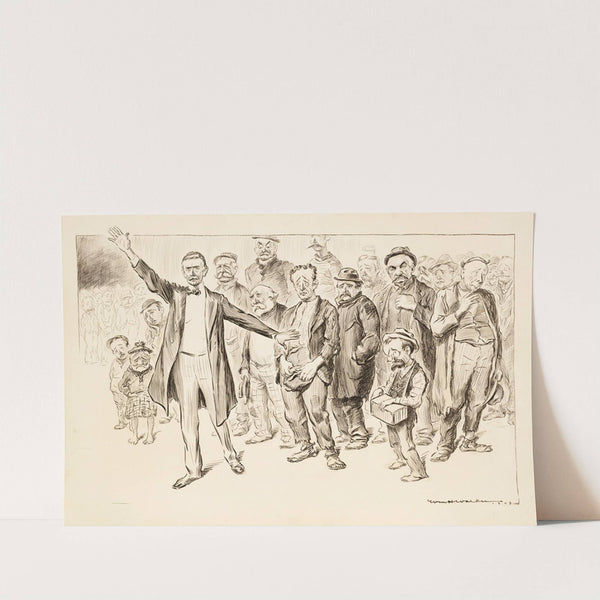 A crowd of men, some angry and some sad, dressed in once-fine clothes that are not ragged and in broken shoes (1909) by William Henry Walker