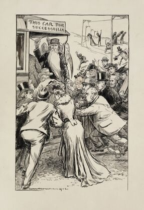 A crowd of wealthy men and women push to get on a train headed to ‘successville’ (1902)