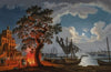 A customs house, with dancers and musicians next to a fire, boats in a bay beyond (1780)
