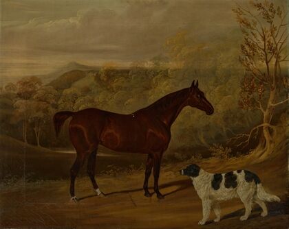 A dark bay hunter and a standing spaniel in the park at Harewood (1830)