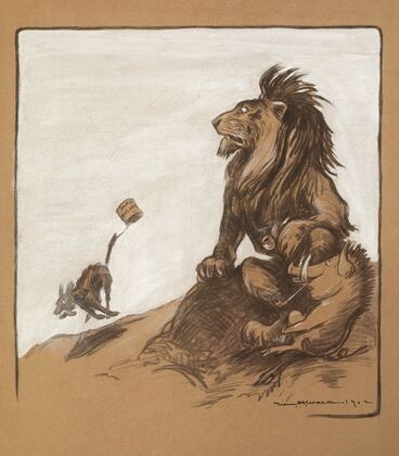 A dog with a can reading ‘Mad Mullah’ runs by, watched by a lion (England) and a boar. (1902)