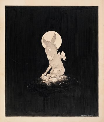 A donkey with wings and a halo, sitting on a cloud, surrounded by blackness (1913)