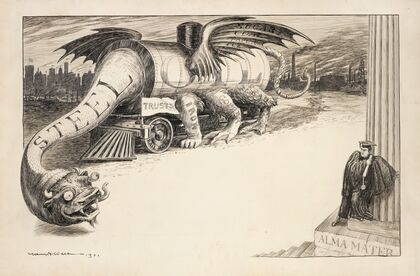 A dragon representing many trusts, with steel and oil as the biggest portions, threatens a 1901 college graduate (1901)