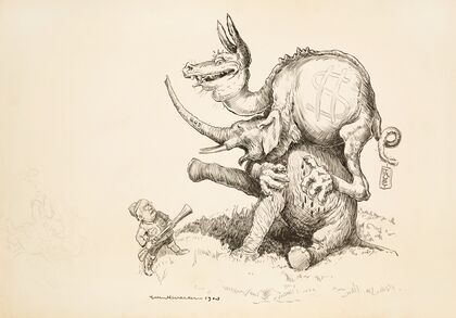 A dragon representing the trusts attacks the Republican Party elephant (1903)