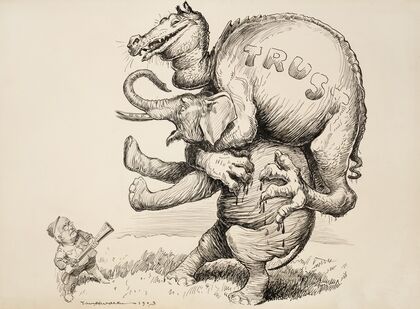 A dragon representing the trusts attacks the Republican Party elephant, which stands on its hind legs to try to knock off the dragon (1903)