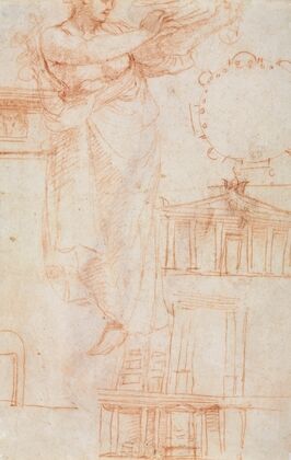 A Draped Female Figure (possibly an Amazon) and Architectural Studies (verso)