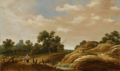 A Dune Landscape With A Peasant Woman And Child On A Path, Farm Houses Beyond