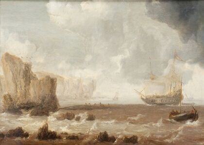 A Dutch Battleship and Sailing Boats in Choppy Seas near a Rocky Coast
