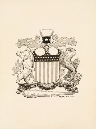 A family crest for Theodore Roosevelt, with an American flag, Uncle Sam’s hat, a bear, an eagle, a big stick, and three uses of his glasses (1907)