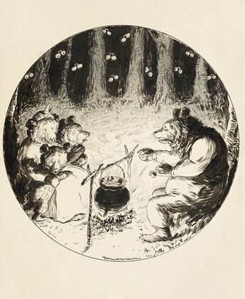 A family of bears cooks around a campfire (1905)