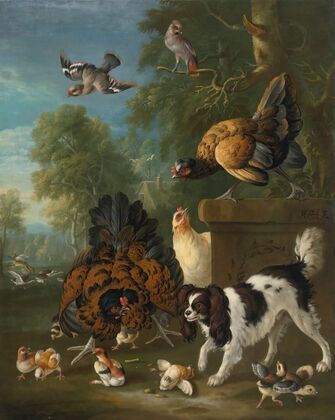 A Family Of Chickens Fending Off A Spaniel In A Landscape