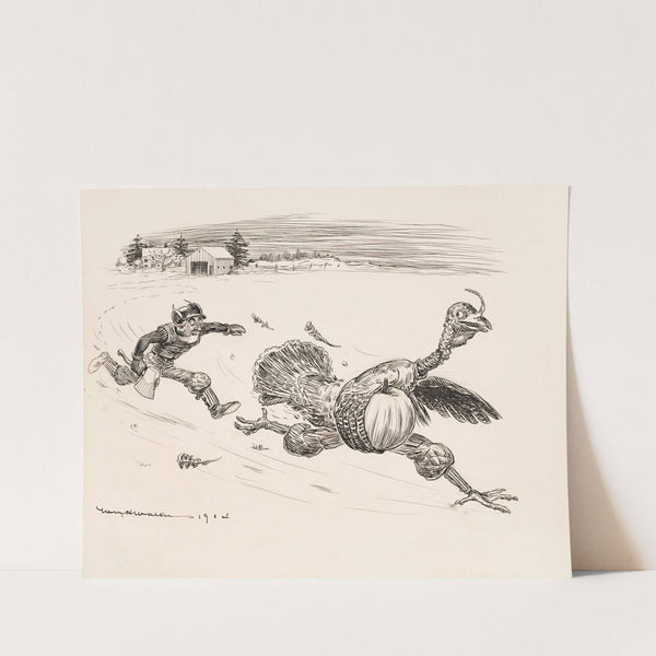 A farmer with an ax chases a giant turkey with a pumpkin under its wing. (1904) by William Henry Walker