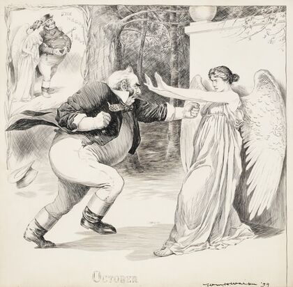A fat man attacks a female angel in October. He remembers her walking with him peacefully at The Hague in July. (1899)