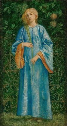 A female figure dressed in blue holding a palm