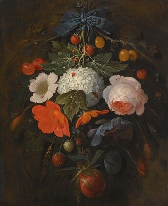 A Festoon Of Flowers And Fruit, Including A Pink Rose, A Poppy, A Snowball, Gooseberries And Fraises De Bois, Along With A Variety Of Insects