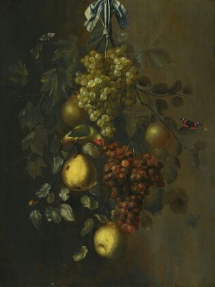 A Festoon Of Grapes, Apples And Pears Hanging From A Nail, With Snails, Butterflies And A Parrot
