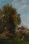 A figure seated beneath a cherry tree