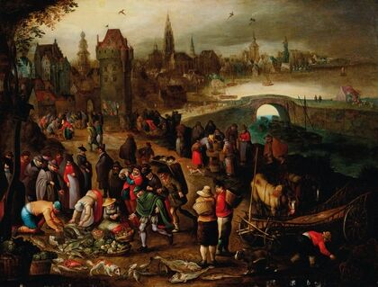 A fish market before a city on the water — size preview