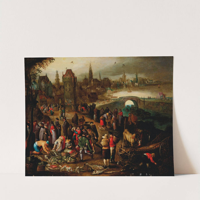 A fish market before a city on the water by Pieter Brueghel III