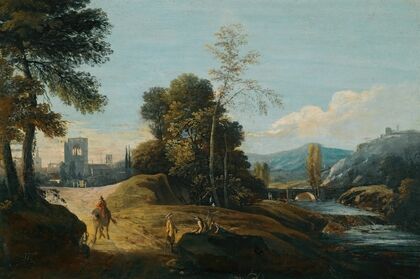 A Fluvial Landscape With Figures On A Path, A Town Beyond