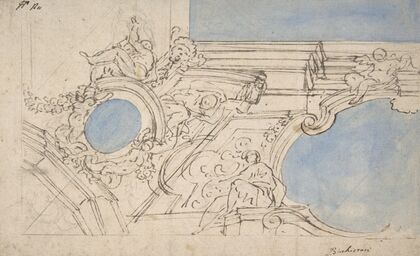 A Foreshortened View of a Ceiling Corner Decorated with Statues, Putti and Garlands
