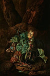 A forest floor with a snake, frog, snail, butterflies and other insects
