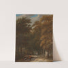 A forest landscape with a traveller and a rider on a white horse by Roelof Jansz. van Vries