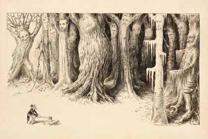 A forrest of large trees and each tree has the face of a different man. A tiny Uncle Sam approaches with an ax, smiling. (1907)