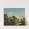 A fortified town with figures bathing by Jan van der Heyden