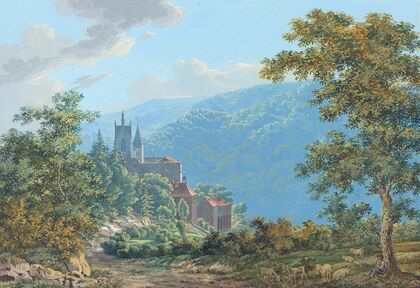 A Fortress in a Mountain Landscape at Sunrise